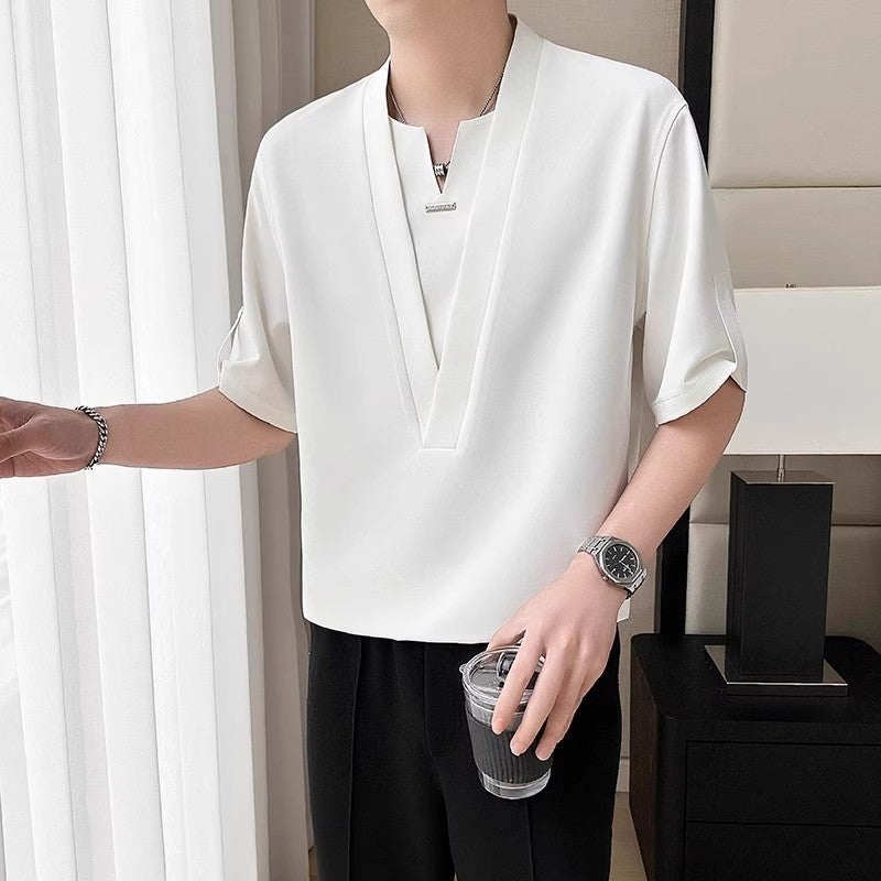 Fake Two-Piece Quarter-Sleeve T-Shirt For Men, Summer Trendy Brand Design, Loose Casual Ice Silk Short-Sleeve T-Shirt, Stylish And Handsome - Image 4