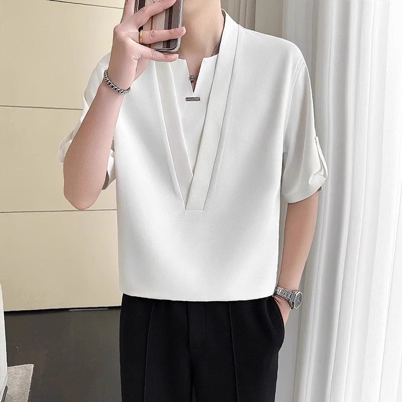 Fake Two-Piece Quarter-Sleeve T-Shirt For Men, Summer Trendy Brand Design, Loose Casual Ice Silk Short-Sleeve T-Shirt, Stylish And Handsome - Image 2