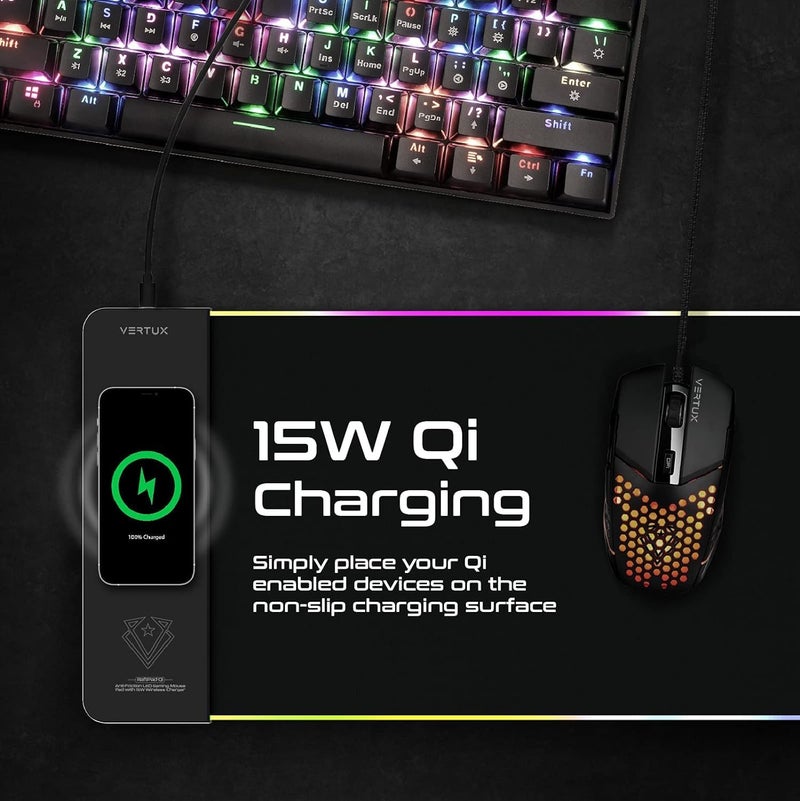 VERTUX Rgb Mouse Pad With Wireless Charger, 2-In-1 Anti-Friction Surface Gaming Mouse Pad With Ultra-Fast 15W Qi Wireless Charging Pad And Anti-Slip Base, Raftpad-Qi - Image 5