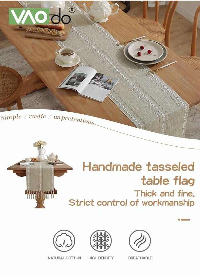 VAOdo - Simple Table Runner Imitation Cotton and Linen Material Home Decoration with Tassel Table Mat Suitable For Tea Table Long Table Decorative Cloth Beige 33*220cm - Image 1