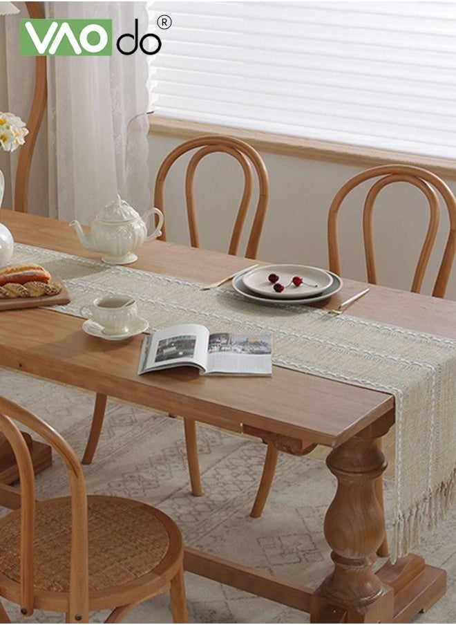 VAOdo - Simple Table Runner Imitation Cotton and Linen Material Home Decoration with Tassel Table Mat Suitable For Tea Table Long Table Decorative Cloth Beige 33*220cm - Image 1