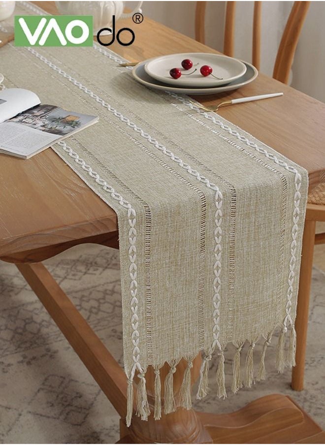 VAOdo - Simple Table Runner Imitation Cotton and Linen Material Home Decoration with Tassel Table Mat Suitable For Tea Table Long Table Decorative Cloth Beige 33*220cm - Image 1
