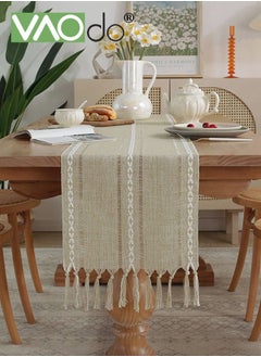 VAOdo Simple Table Runner Imitation Cotton and Linen Material Home Decoration with Tassel Table Mat Suitable For Tea Table Long Table Decorative Cloth Beige 33*220cm  - Image 1