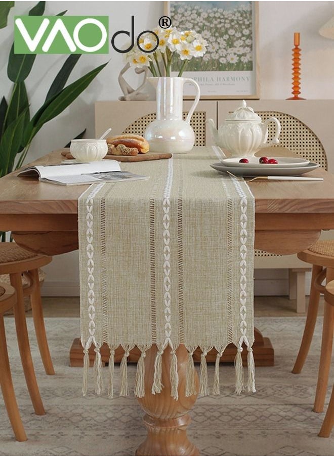 VAOdo - Simple Table Runner Imitation Cotton and Linen Material Home Decoration with Tassel Table Mat Suitable For Tea Table Long Table Decorative Cloth Beige 33*220cm - Image 1