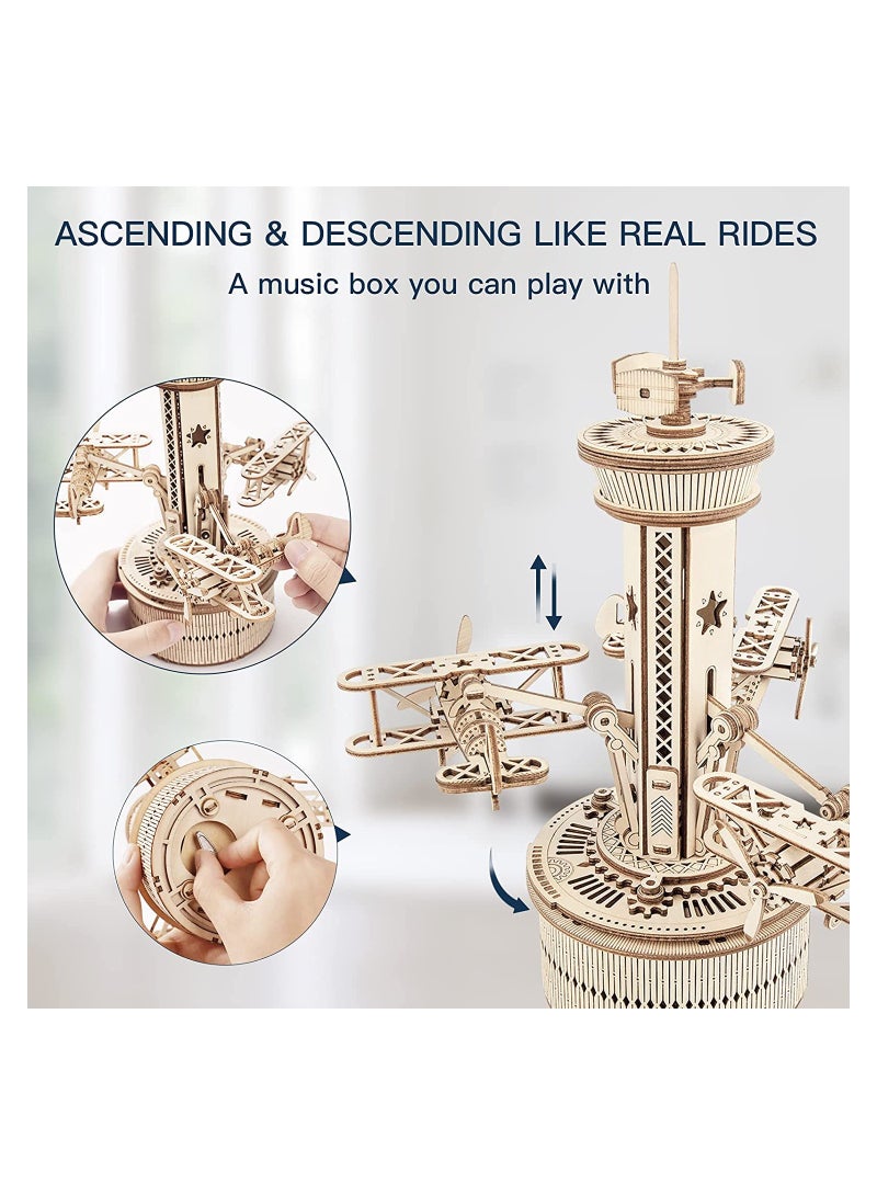 3D Wooden Puzzle Airplane Tower Music Box - DIY Mechanical Biplane Toys Building Kit 10", Hands-on Activity Gifts for Boys/Girls/Parents/Family - Image 2