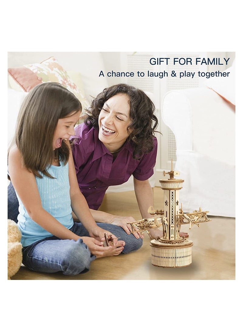 3D Wooden Puzzle Airplane Tower Music Box - DIY Mechanical Biplane Toys Building Kit 10", Hands-on Activity Gifts for Boys/Girls/Parents/Family - Image 4