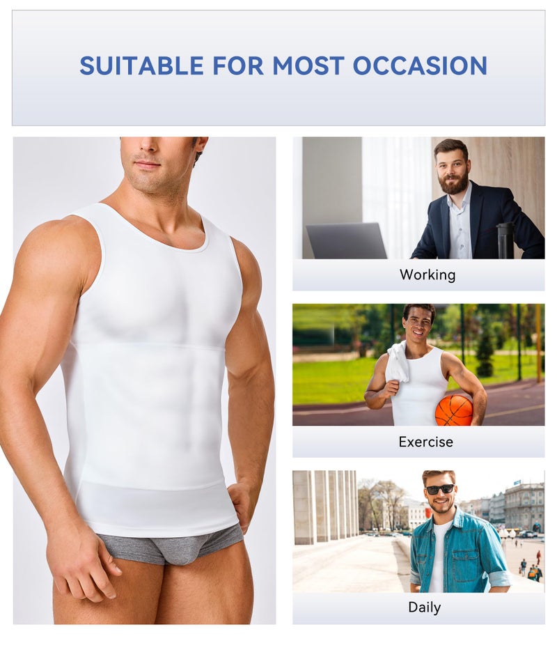 Eleady Mens Compression Shirt Workout Tank Tops Slimming Body Shaper Vest Abs Abdomen Undershirts (White, Large) - Image 4