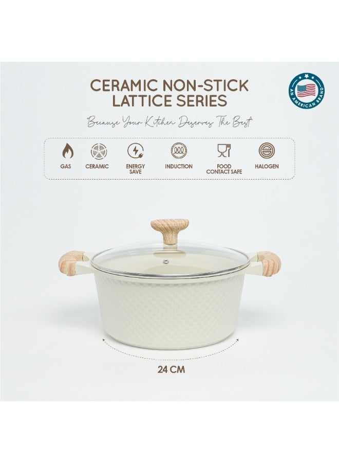 VAV GET Healthy & Safe 24 CM Casserole with Lid – Ceramic Non-Stick Lattice Series, Cream White - Image 4