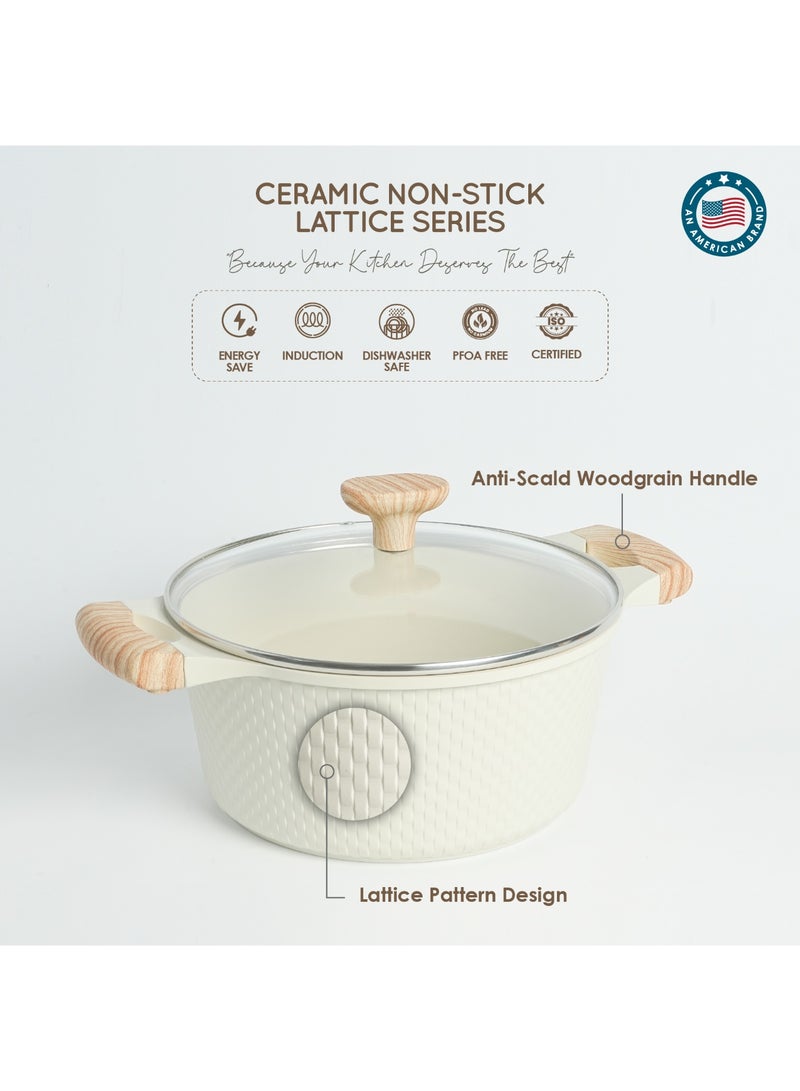 VAV GET Healthy & Safe 24 CM Casserole with Lid – Ceramic Non-Stick Lattice Series, Cream White - Image 5