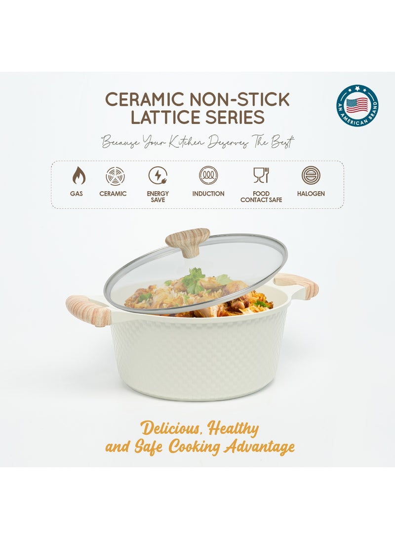 VAV GET Healthy & Safe 24 CM Casserole with Lid – Ceramic Non-Stick Lattice Series, Cream White - Image 3