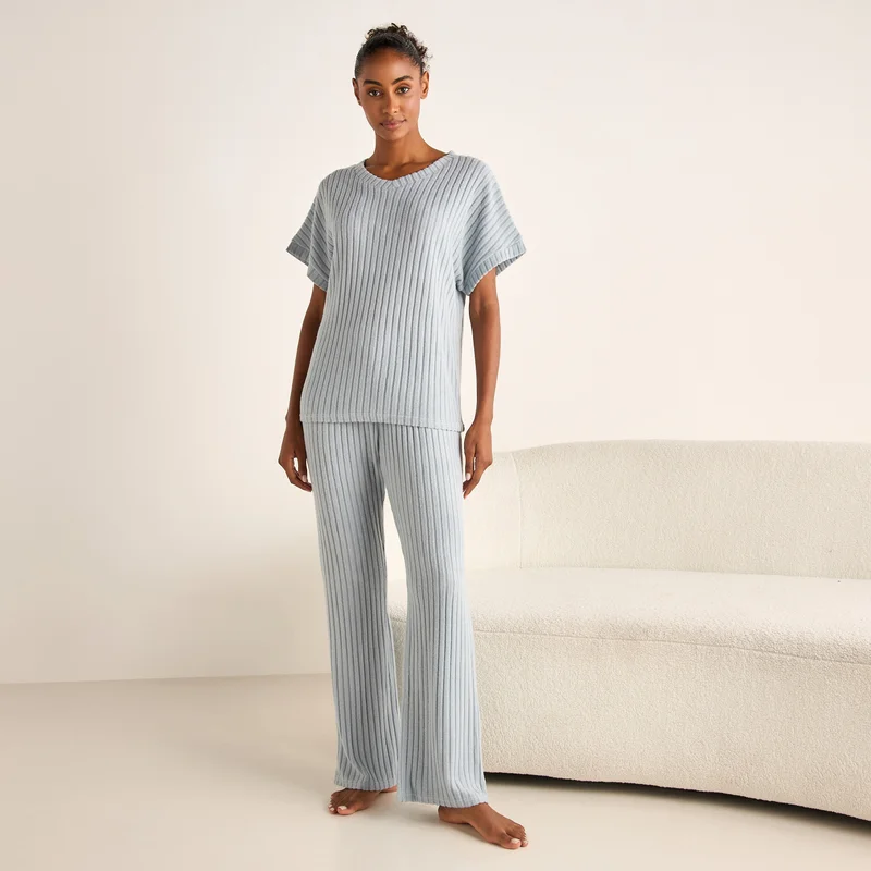 Splash FAV Ribbed V-neck Top and Elasticated Pyjama Set