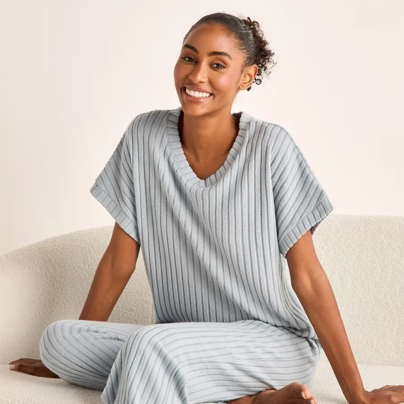 Splash FAV Ribbed V-neck Top and Elasticated Pyjama Set
