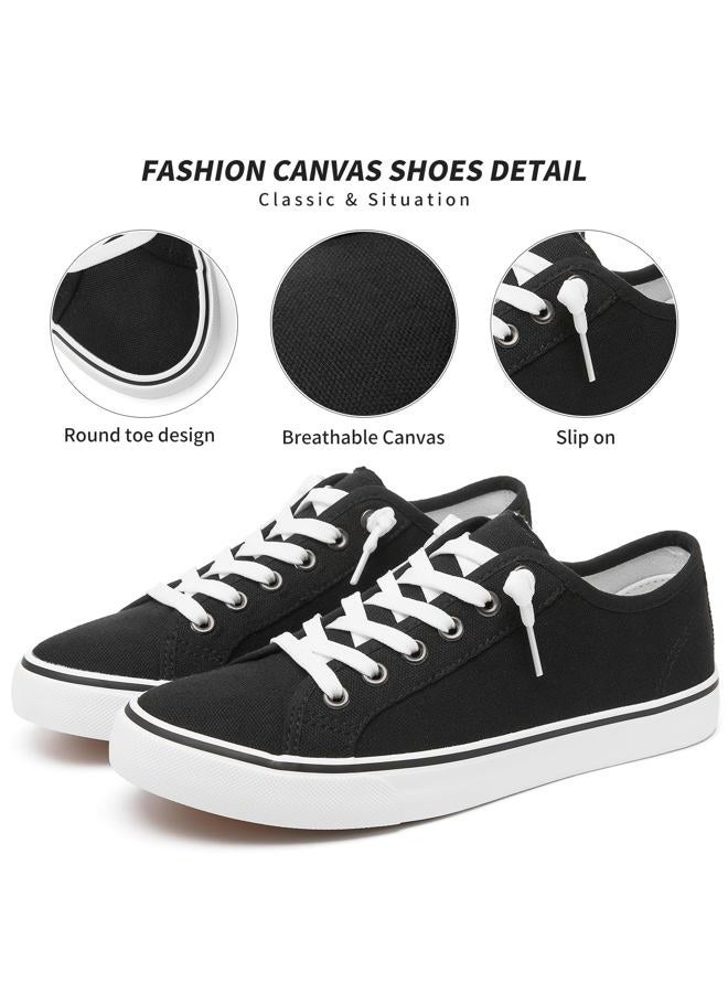 XRH Women Canvas Sneaker Slip On Casual Shoes Lace Up Canvas Low Top White Shoes Loafers for Women Fashion Black Sneaker, Black, 9.5 - Image 2