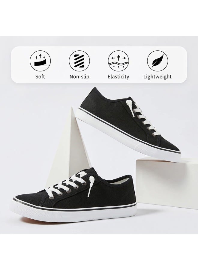 XRH Women Canvas Sneaker Slip On Casual Shoes Lace Up Canvas Low Top White Shoes Loafers for Women Fashion Black Sneaker, Black, 9.5 - Image 3