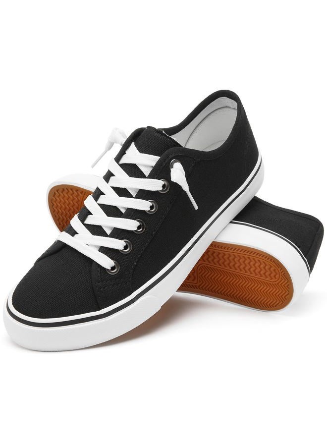 XRH Women Canvas Sneaker Slip On Casual Shoes Lace Up Canvas Low Top White Shoes Loafers for Women Fashion Black Sneaker, Black, 9.5 - Image 1