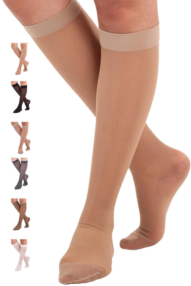 ABSOLUTE SUPPORT Sheer Compression Socks for Women 15-20 mmHg - Support Hose Knee High Stockings, Natural, Large - Image 1