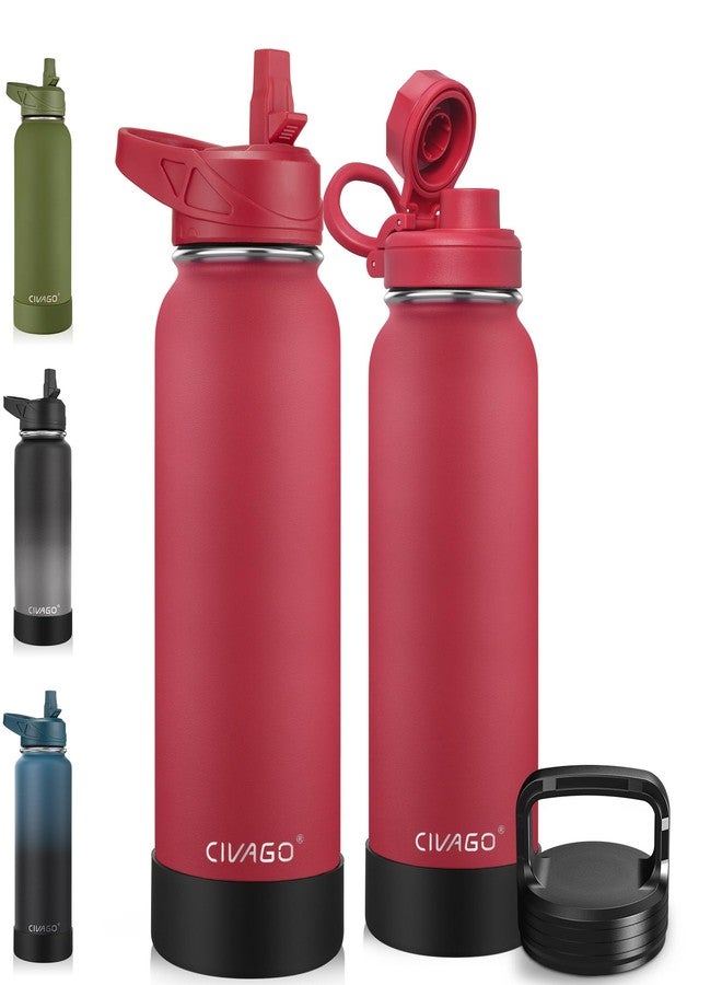CIVAGO 40 oz Insulated Water Bottle With Straw, Stainless Steel Sports Water Cup Flask with 3 Lids, Double Walled Travel Thermal Canteen Mug, Red - Image 1