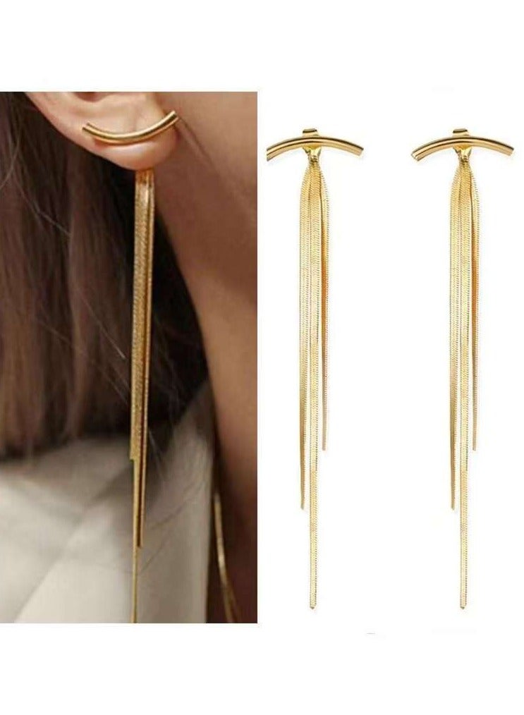أقراط طويلة لامعة بتصميم قوس عتيق للحفلات أقراط رفيعة معدنية متدلية للنساء مجوهرات ذهبية - Image 1