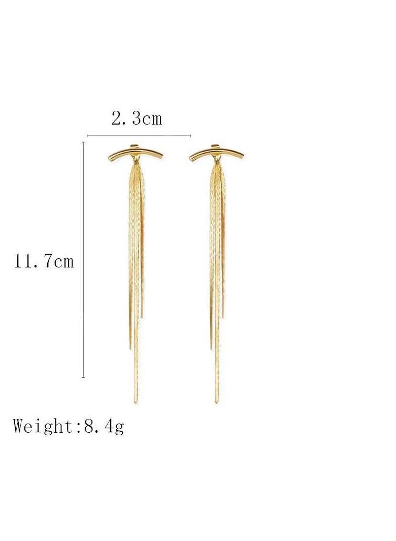 أقراط طويلة لامعة بتصميم قوس عتيق للحفلات أقراط رفيعة معدنية متدلية للنساء مجوهرات ذهبية - Image 2