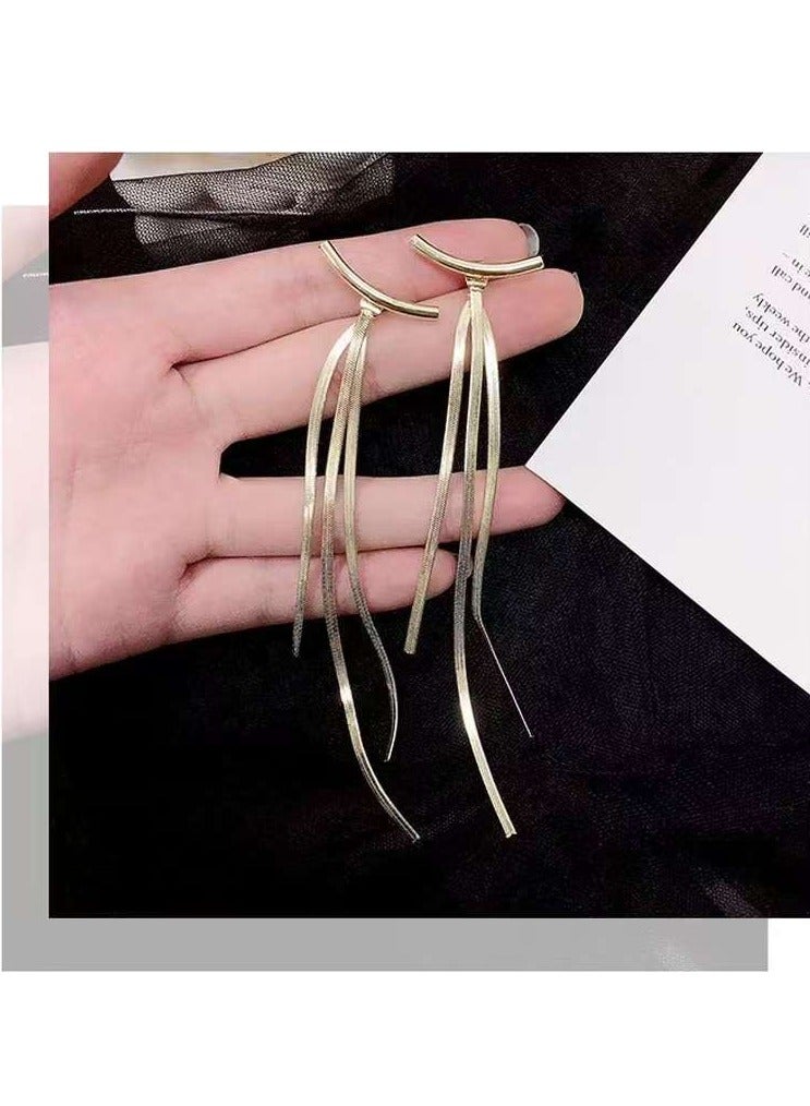 أقراط طويلة لامعة بتصميم قوس عتيق للحفلات أقراط رفيعة معدنية متدلية للنساء مجوهرات ذهبية - Image 3