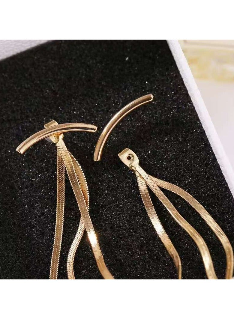 أقراط طويلة لامعة بتصميم قوس عتيق للحفلات أقراط رفيعة معدنية متدلية للنساء مجوهرات ذهبية - Image 4