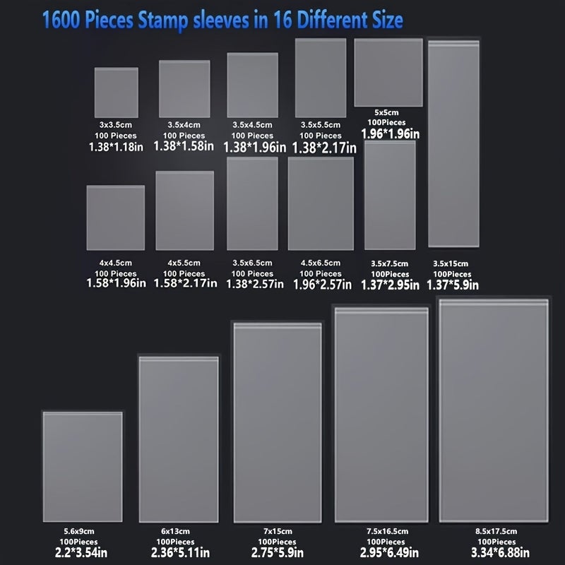 1600 Pcs OPP Bags for Stamp Protection 16 Different Models 100 Pcs Each Storage Pouches for Collecting Storing and Displaying All Stamp Sizes - Image 3