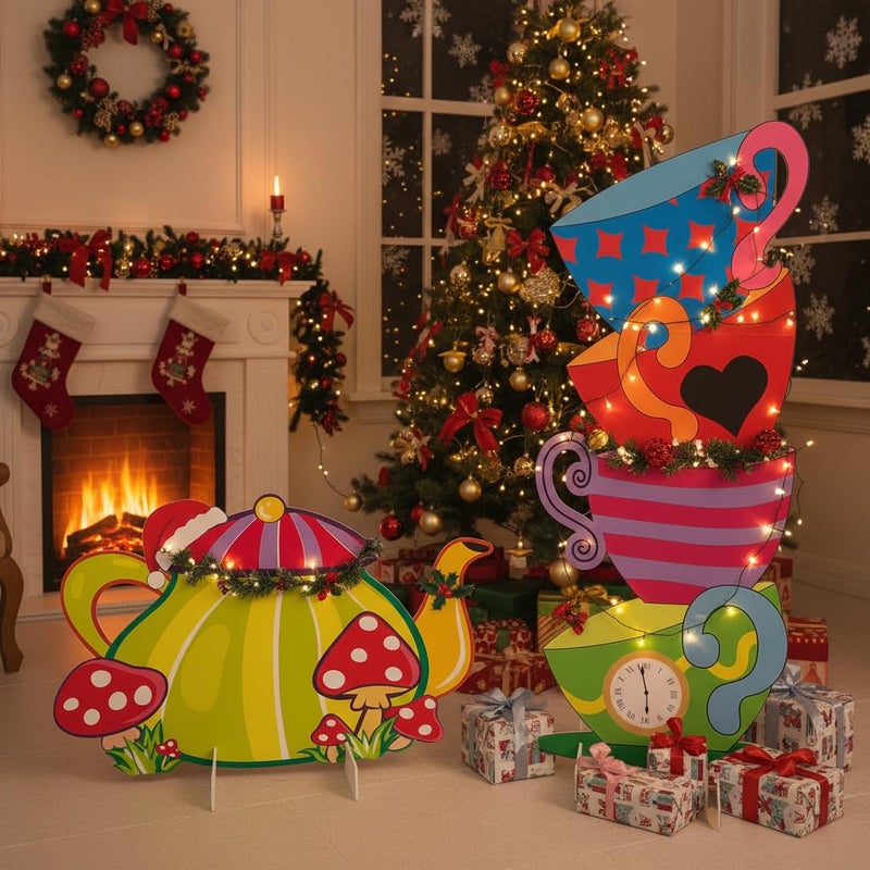 BRALEO Alice Party Decorations Wonderland Yard Decor,Garden Tea Party Decorations Yard Stakes Stand Set, 1 Set Stacked Teacups and 1 Set Teapot with Brackets - Image 4
