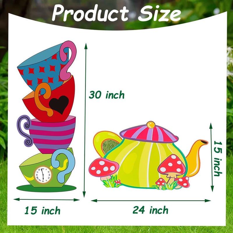 BRALEO Alice Party Decorations Wonderland Yard Decor,Garden Tea Party Decorations Yard Stakes Stand Set, 1 Set Stacked Teacups and 1 Set Teapot with Brackets - Image 2