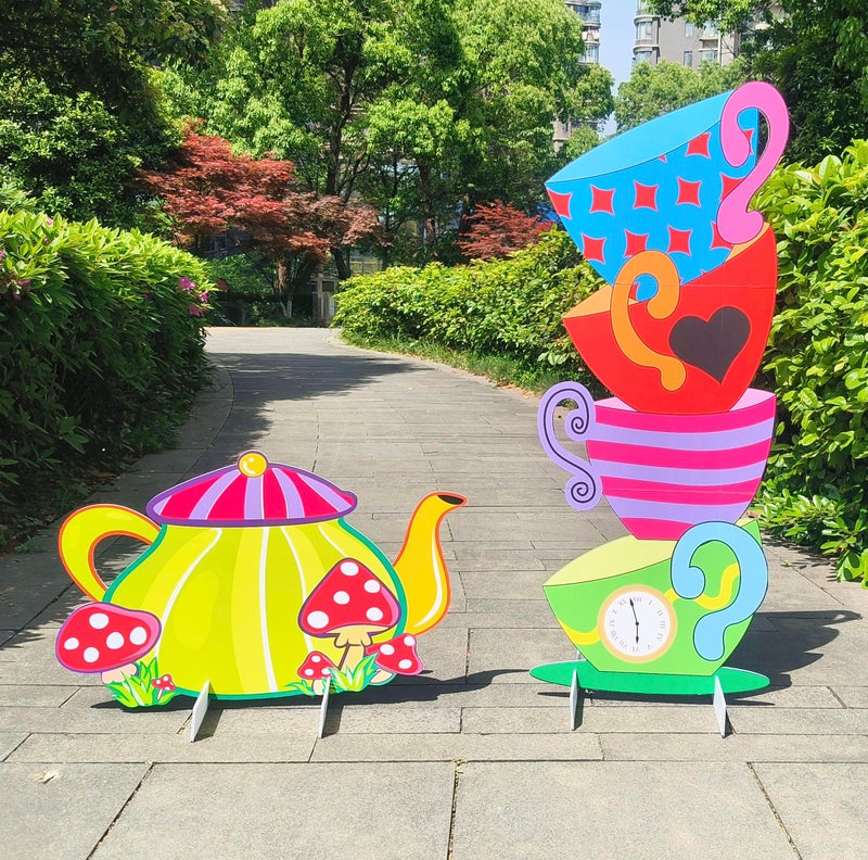 BRALEO Alice Party Decorations Wonderland Yard Decor,Garden Tea Party Decorations Yard Stakes Stand Set, 1 Set Stacked Teacups and 1 Set Teapot with Brackets - Image 1