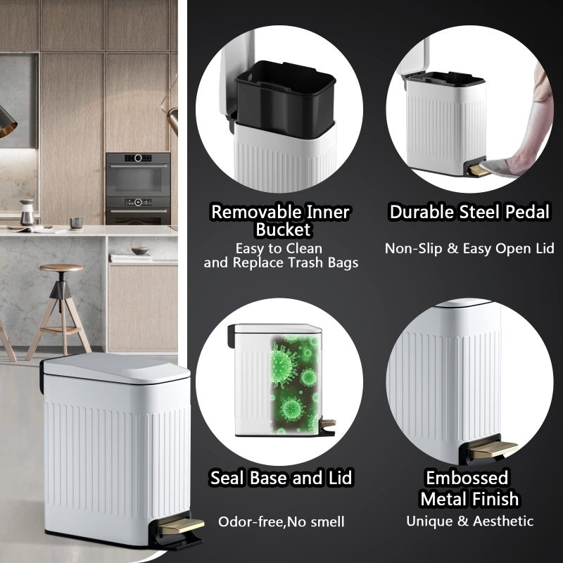 CEROELDA Small Bathroom Trash Can with Lid Soft Close-6L/1.6 Gal Slim Step Garbage Can-Metal Pedal Wastebasket-Narrow Rectangle Garbage Container Bin for Corner Office, Bedroom, Toilet, Live Room-White - Image 4