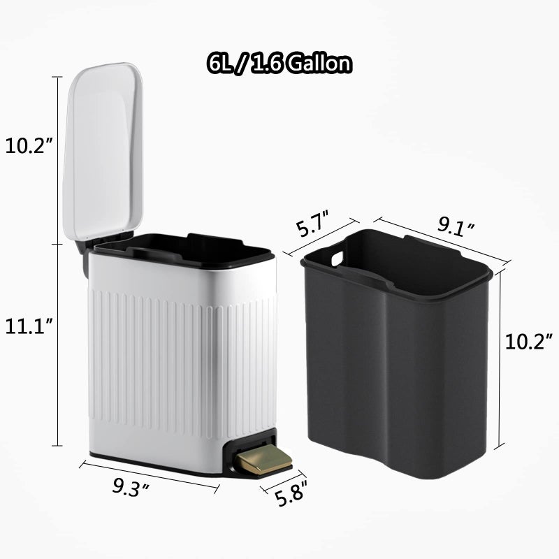 CEROELDA Small Bathroom Trash Can with Lid Soft Close-6L/1.6 Gal Slim Step Garbage Can-Metal Pedal Wastebasket-Narrow Rectangle Garbage Container Bin for Corner Office, Bedroom, Toilet, Live Room-White - Image 5