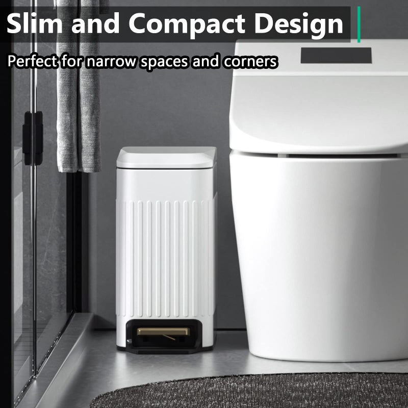 CEROELDA Small Bathroom Trash Can with Lid Soft Close-6L/1.6 Gal Slim Step Garbage Can-Metal Pedal Wastebasket-Narrow Rectangle Garbage Container Bin for Corner Office, Bedroom, Toilet, Live Room-White - Image 2