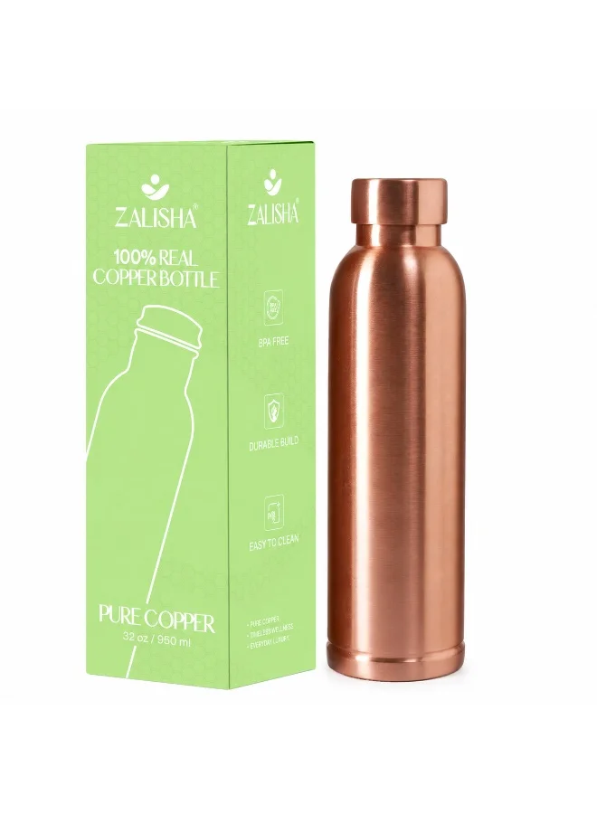 Zalisha ZALISHA® 100% Pure Plain Copper Water Bottle 950 ml | Plain Finish Reusable Copper Bottle with Leak-Resistant Cap | Suitable for Home, Office & Travel (Pack of 1)