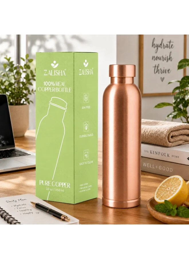 Zalisha ZALISHA® 100% Pure Plain Copper Water Bottle 950 ml | Plain Finish Reusable Copper Bottle with Leak-Resistant Cap | Suitable for Home, Office & Travel (Pack of 1)
