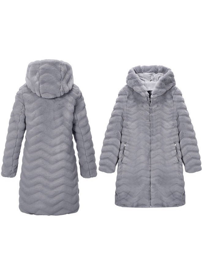 RISISSIDA Women Long Faux Fur Coat Fuzzy Jacket with Hood Fleece Winter Fall Thermal Shearling Warm Fluffy Furry Overcoat Grey 120757 L - Image 3
