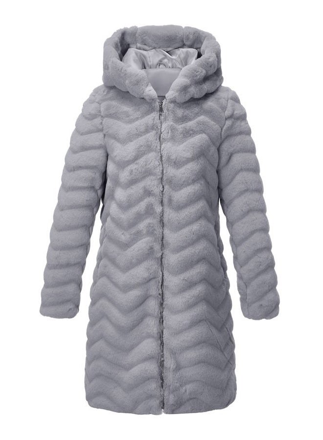 RISISSIDA Women Long Faux Fur Coat Fuzzy Jacket with Hood Fleece Winter Fall Thermal Shearling Warm Fluffy Furry Overcoat Grey 120757 L - Image 1