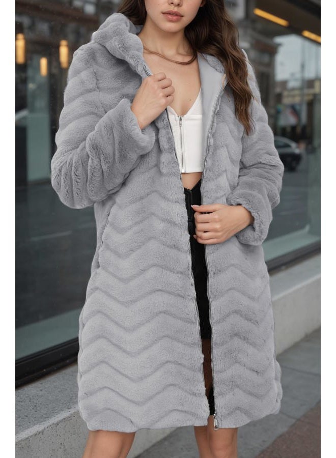 RISISSIDA Women Long Faux Fur Coat Fuzzy Jacket with Hood Fleece Winter Fall Thermal Shearling Warm Fluffy Furry Overcoat Grey 120757 L - Image 2