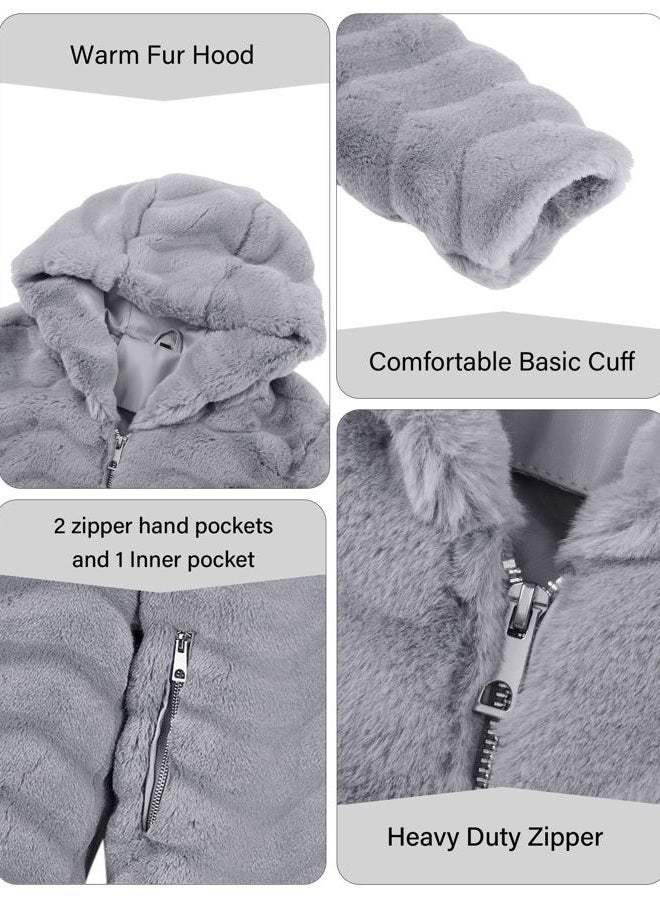 RISISSIDA Women Long Faux Fur Coat Fuzzy Jacket with Hood Fleece Winter Fall Thermal Shearling Warm Fluffy Furry Overcoat Grey 120757 L - Image 5