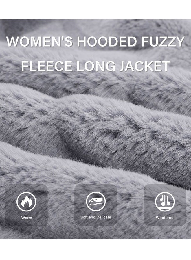 RISISSIDA Women Long Faux Fur Coat Fuzzy Jacket with Hood Fleece Winter Fall Thermal Shearling Warm Fluffy Furry Overcoat Grey 120757 L - Image 4