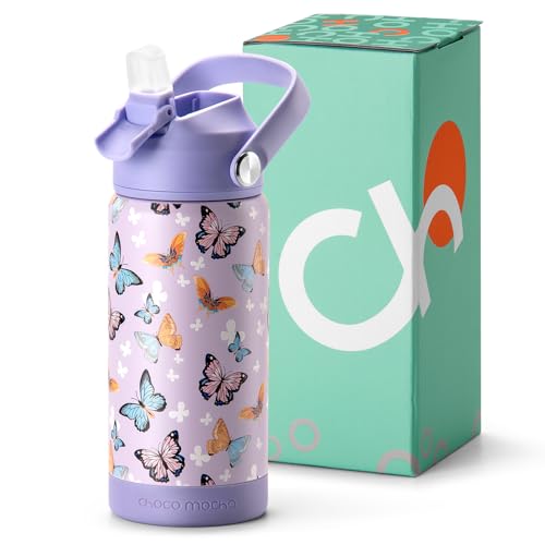 Choco Mocha Kids Water Bottle For School Kids Insulated Water Bottle Stainless Steel for Girls14Oz Purple Butterfly