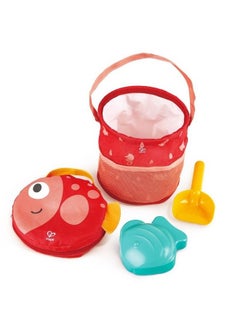 Hape Kids Beach Toys Kit, Folding Bucket and Storage Bag 2 in 1 Portable Sand Play Set with Shovel Mold  - Image 1