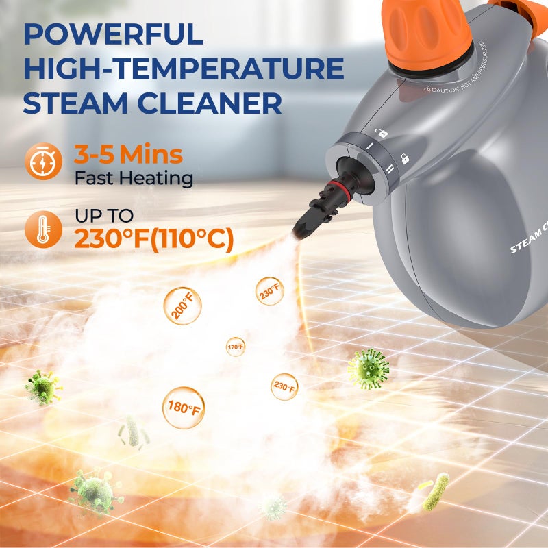 LABIGO Steam Cleaner, Pressurized Handheld 13pcs Multi-Purpose Natural Deep Cleaning Steamer, Portable Steamer for Cleaning Home, Grout, Kitchen, Car, Window, Upholstery, Bathroom and Clothes, Gray - Image 3