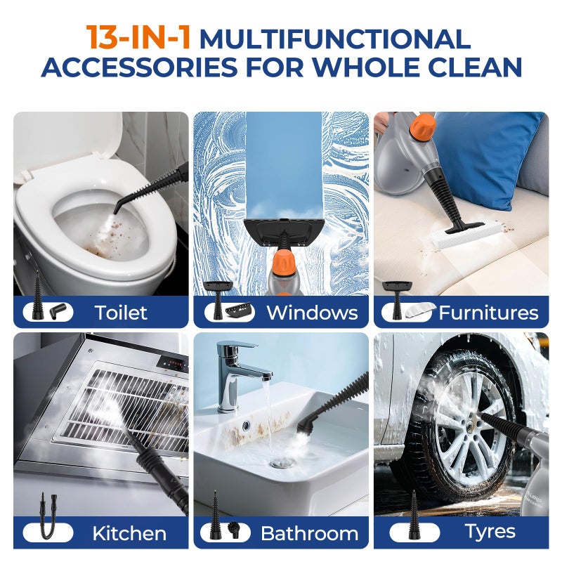 LABIGO Steam Cleaner, Pressurized Handheld 13pcs Multi-Purpose Natural Deep Cleaning Steamer, Portable Steamer for Cleaning Home, Grout, Kitchen, Car, Window, Upholstery, Bathroom and Clothes, Gray - Image 5