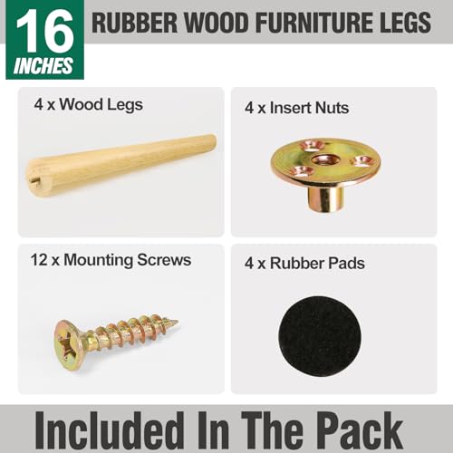 FoDau770 Rubber Wood Furniture Legs 16 Inches, Slant Tapered Wood Feet Mid Century Sofa Legs Set of 4, 5/16" UNC Furniture Feet Replacement Parts for Cabinet Couch Dresser Chair Ottoman Table - Image 2