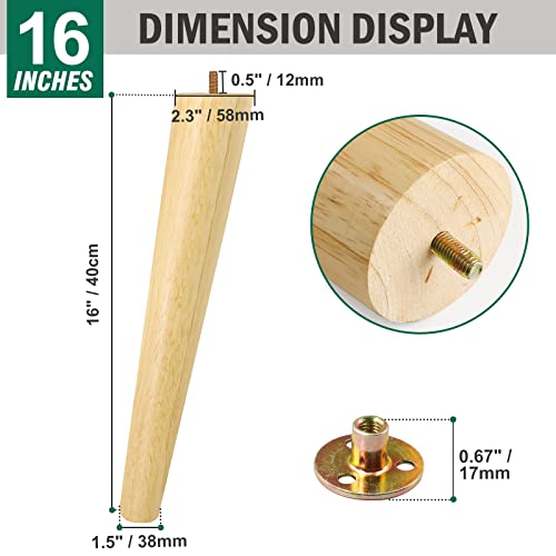 FoDau770 Rubber Wood Furniture Legs 16 Inches, Slant Tapered Wood Feet Mid Century Sofa Legs Set of 4, 5/16" UNC Furniture Feet Replacement Parts for Cabinet Couch Dresser Chair Ottoman Table - Image 3