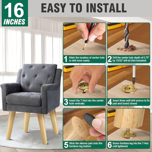 FoDau770 Rubber Wood Furniture Legs 16 Inches, Slant Tapered Wood Feet Mid Century Sofa Legs Set of 4, 5/16" UNC Furniture Feet Replacement Parts for Cabinet Couch Dresser Chair Ottoman Table - Image 5