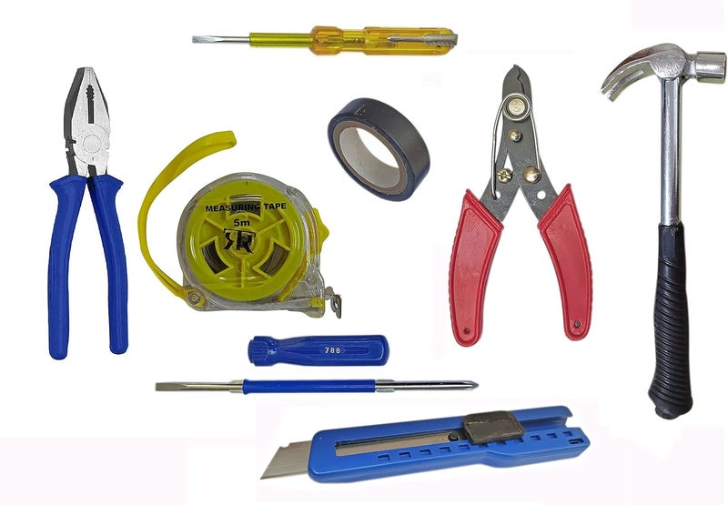 Inditrust Inditrust Hand tools kit 8pc set 11inch Claw Hammer 8inch Plier electric tester Measurement Tape Electric Tape Paper cutter 2in1 Screwdriver and Wire cutter set  - Image 1