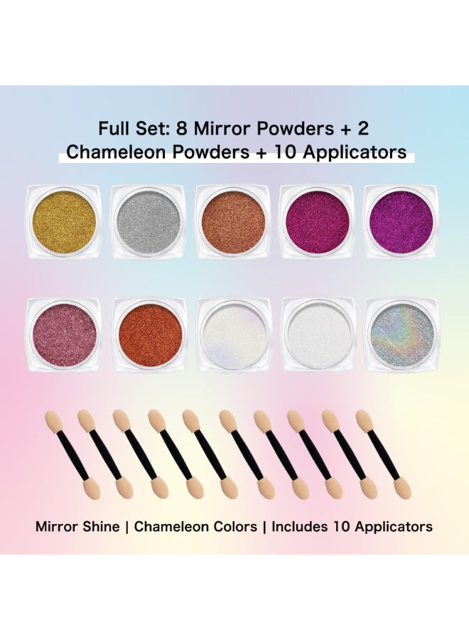 Creaglam Chrome Nail Powder Kit 10 Jars 8 Colors Metallic Mirror Effect 2 Colors Holographic Aurora Chameleon Nail Art 1gJar Silver Pink Gold Purple Chrome Powder for Nails - Image 4