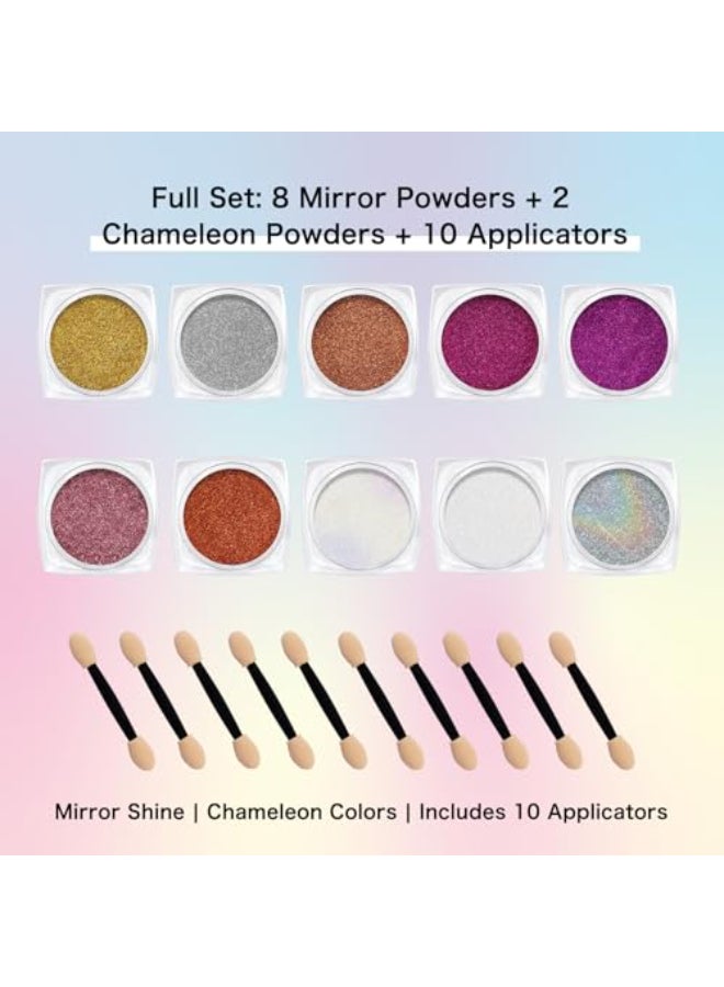 Creaglam Chrome Nail Powder Kit 10 Jars 8 Colors Metallic Mirror Effect 2 Colors Holographic Aurora Chameleon Nail Art 1gJar Silver Pink Gold Purple Chrome Powder for Nails - Image 3
