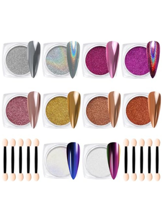 Creaglam Chrome Nail Powder Kit 10 Jars 8 Colors Metallic Mirror Effect 2 Colors Holographic Aurora Chameleon Nail Art 1gJar Silver Pink Gold Purple Chrome Powder for Nails - Image 1